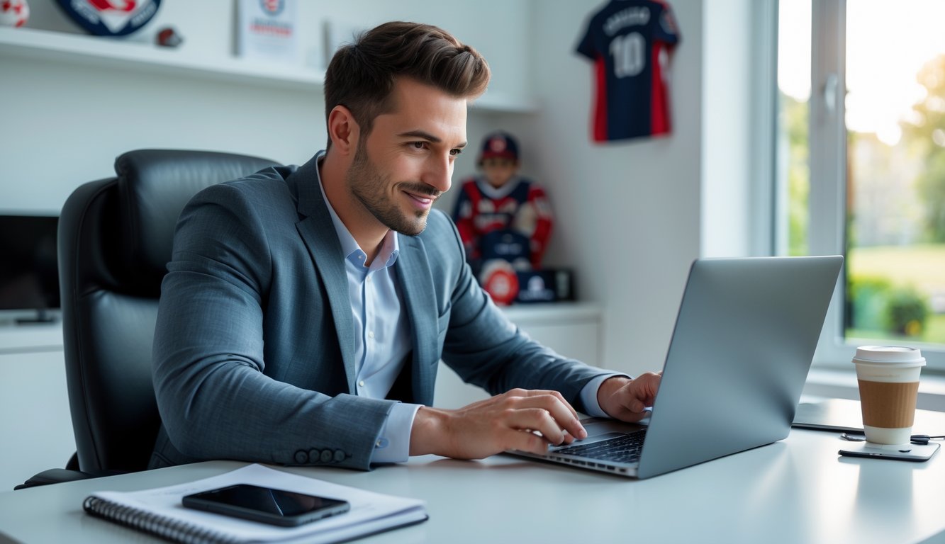 Seorang pria muda duduk di meja dengan laptop sedang mendaftar di platform judi olahraga online terpercaya.