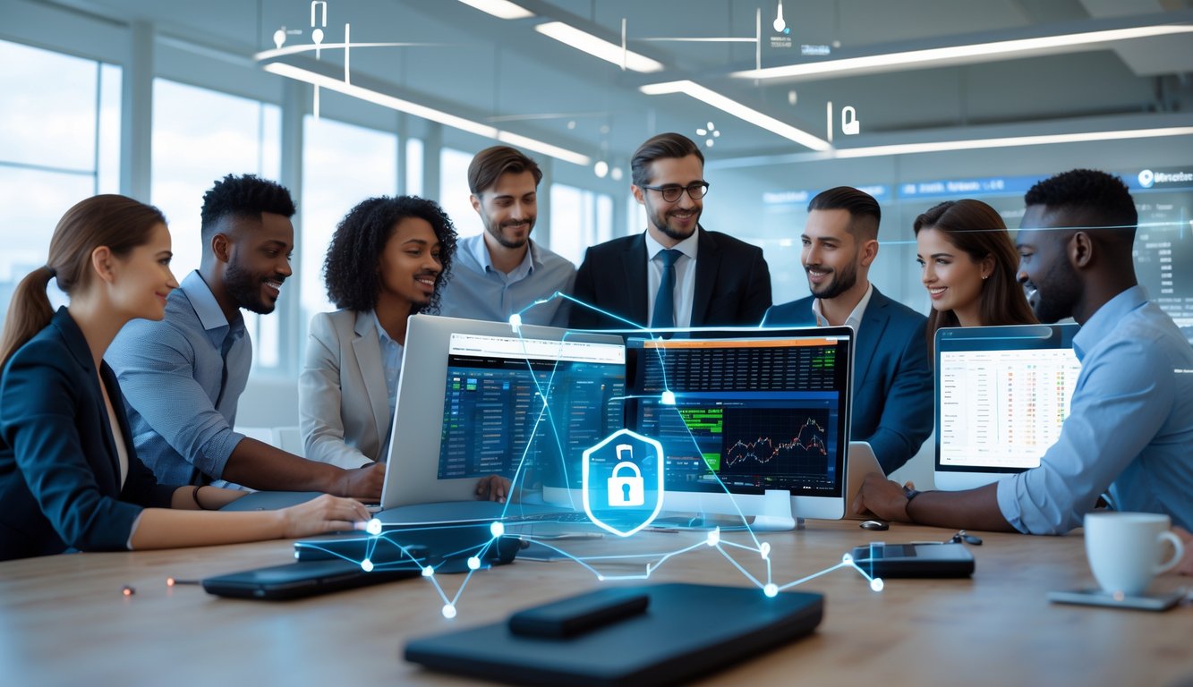 Sekelompok orang bekerja bersama di kantor modern dengan komputer yang menampilkan data taruhan olahraga, menunjukkan suasana kerja yang profesional dan aman.