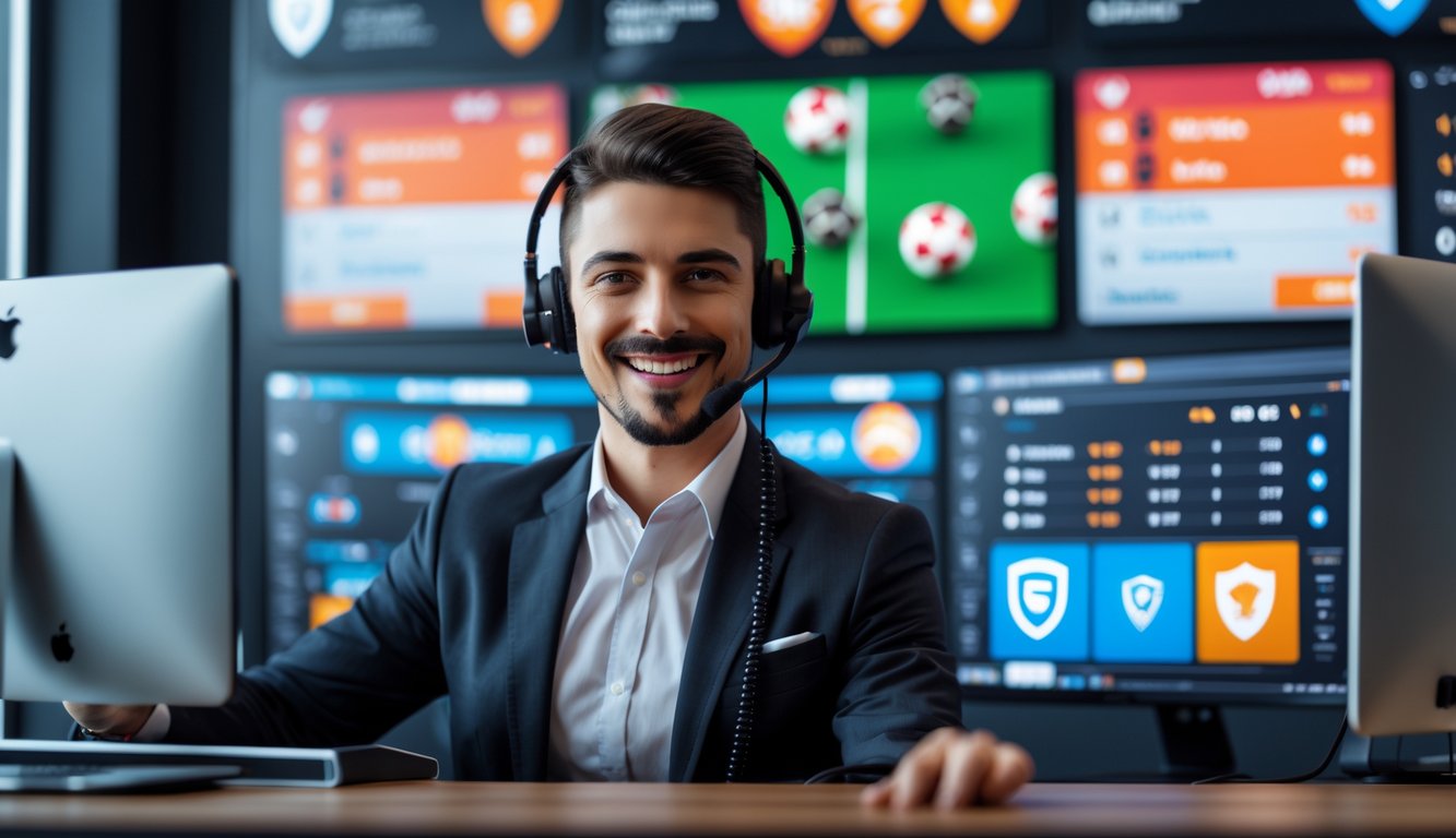 Seorang perwakilan layanan pelanggan yang percaya diri di kantor modern dengan layar digital menampilkan berbagai pertandingan olahraga, menunjukkan suasana kerja yang aman dan profesional.