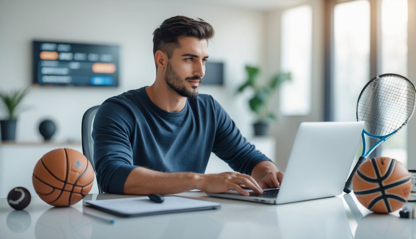 Seorang pria muda duduk di meja dengan laptop, dikelilingi oleh perlengkapan olahraga seperti bola sepak dan raket tenis, menunjukkan aktivitas taruhan olahraga online.