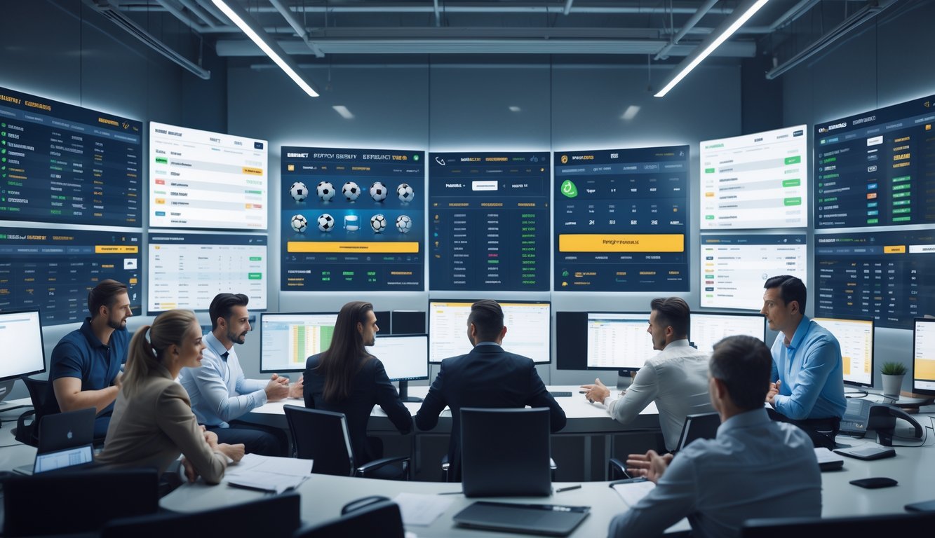 Orang-orang sedang bekerja di kantor modern dengan layar digital yang menampilkan berbagai acara olahraga dan statistik taruhan.