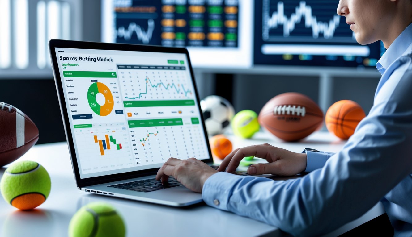 Seseorang menggunakan laptop di meja kerja dengan bola olahraga di sekitar, menunjukkan suasana profesional dan fokus pada taruhan olahraga online.