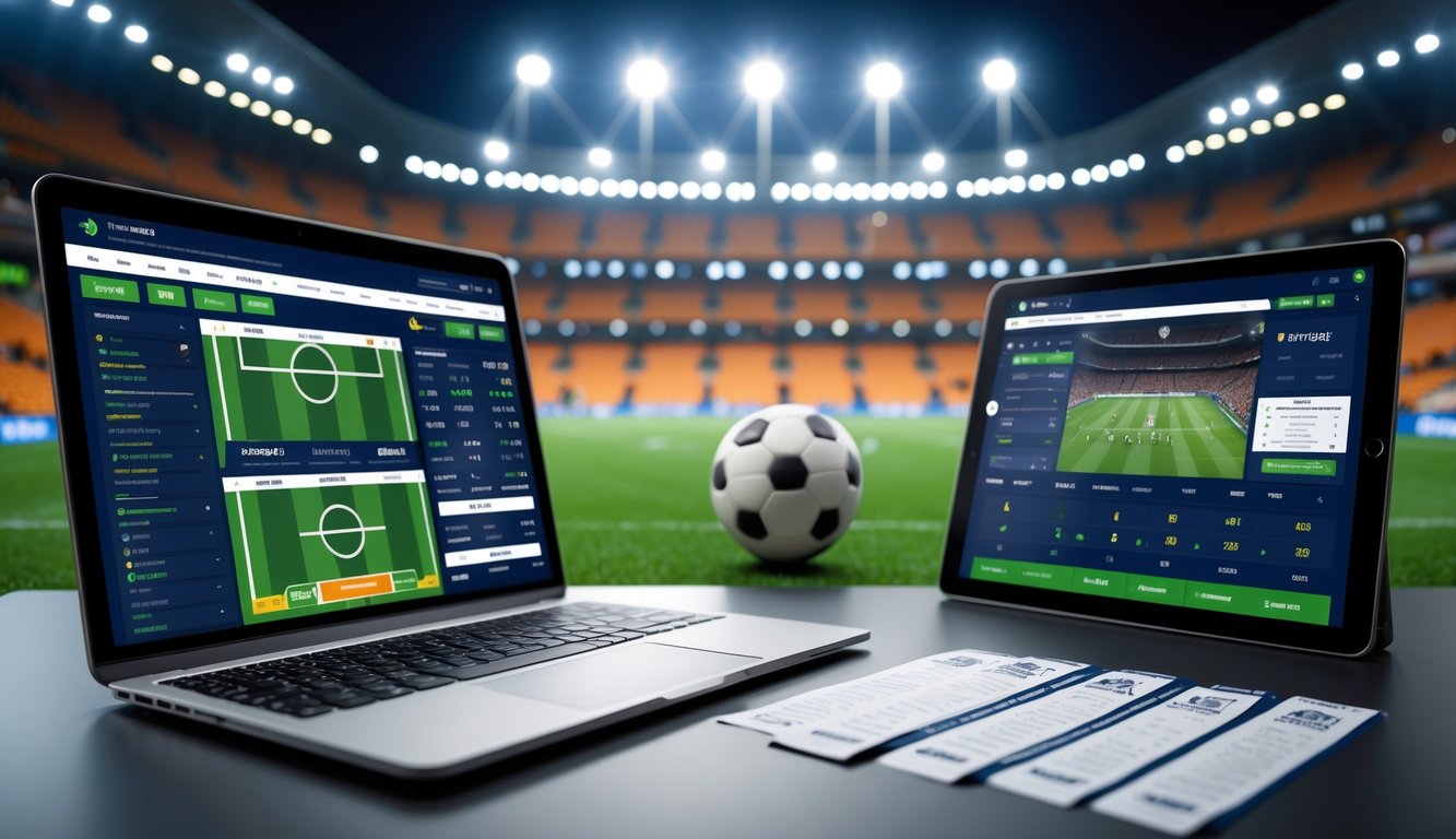 Orang sedang menggunakan beberapa perangkat digital untuk memasang taruhan sepak bola internasional di sebuah ruang kerja modern.