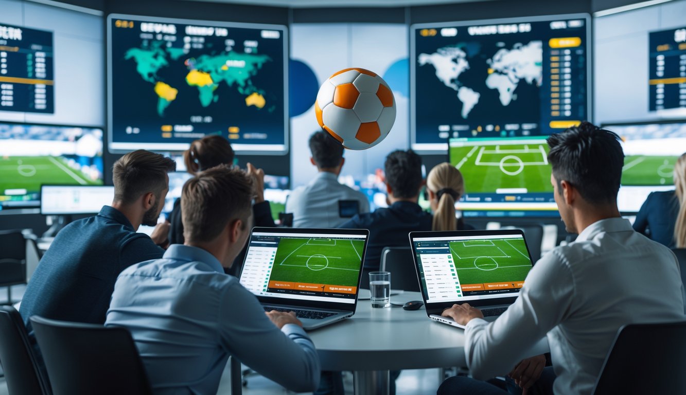 Sekelompok orang menggunakan laptop dan ponsel untuk taruhan sepak bola internasional dengan layar yang menampilkan pertandingan dan statistik sepak bola.