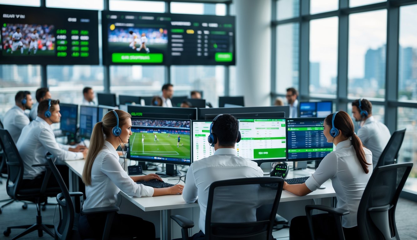 Seorang tim agen layanan pelanggan sedang bekerja di kantor modern dengan layar komputer yang menampilkan pertandingan olahraga secara langsung.