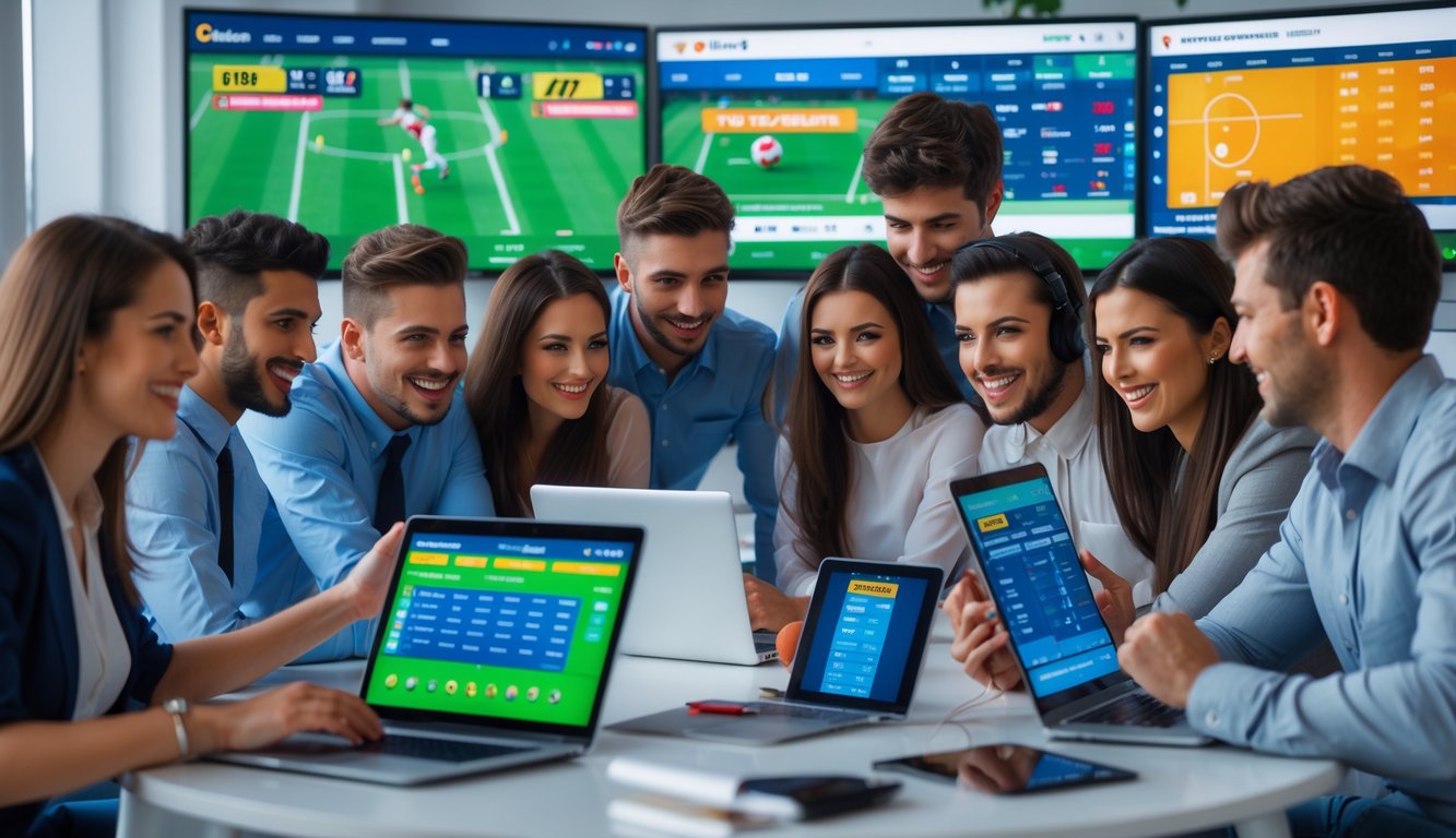 Sekelompok orang muda menggunakan perangkat digital untuk memasang taruhan olahraga online di ruang kerja yang terang dan modern.