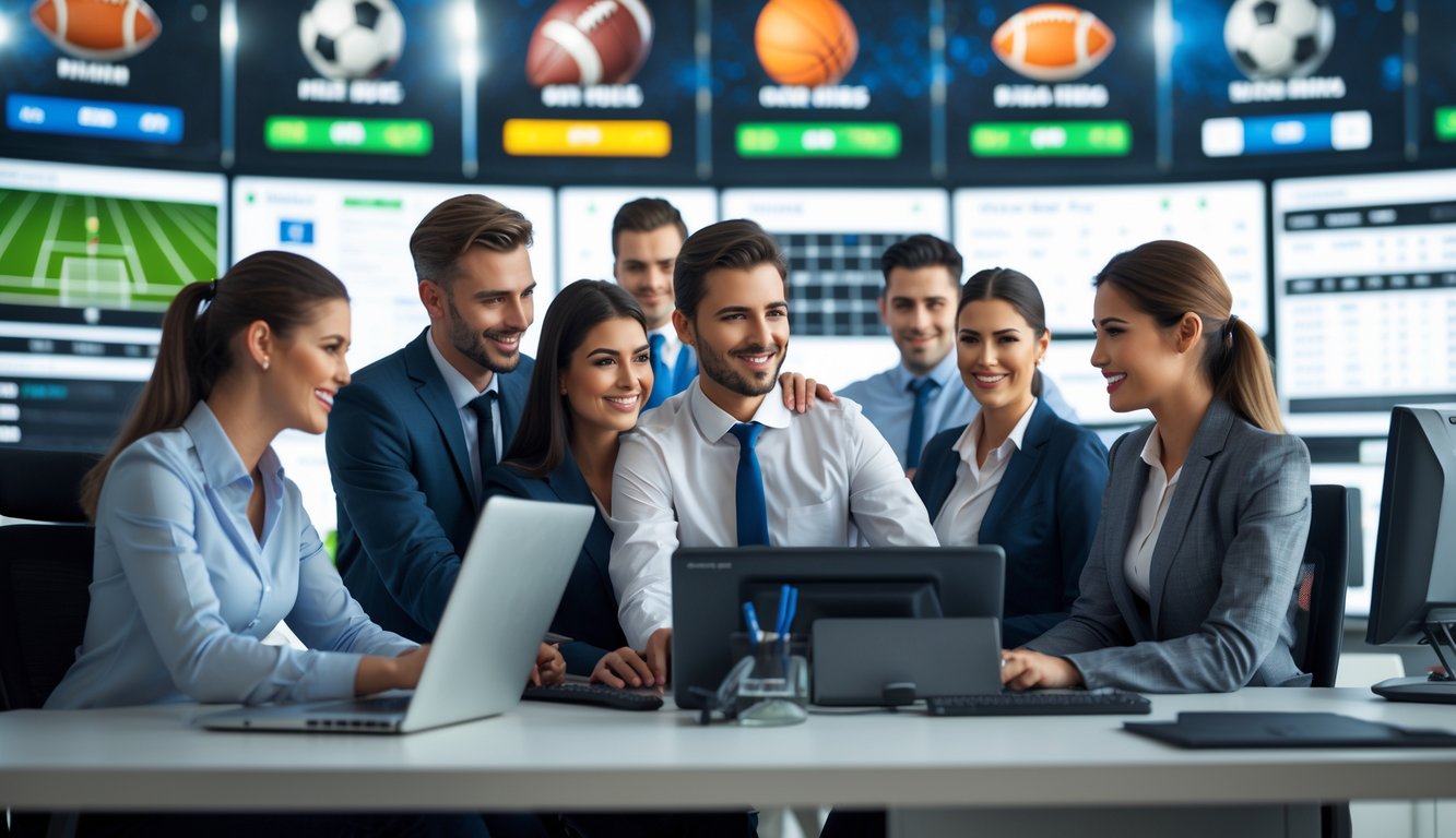 Sekelompok agen judi olahraga online yang profesional sedang berdiskusi dan bekerja bersama di kantor modern dengan layar menampilkan berbagai acara olahraga.