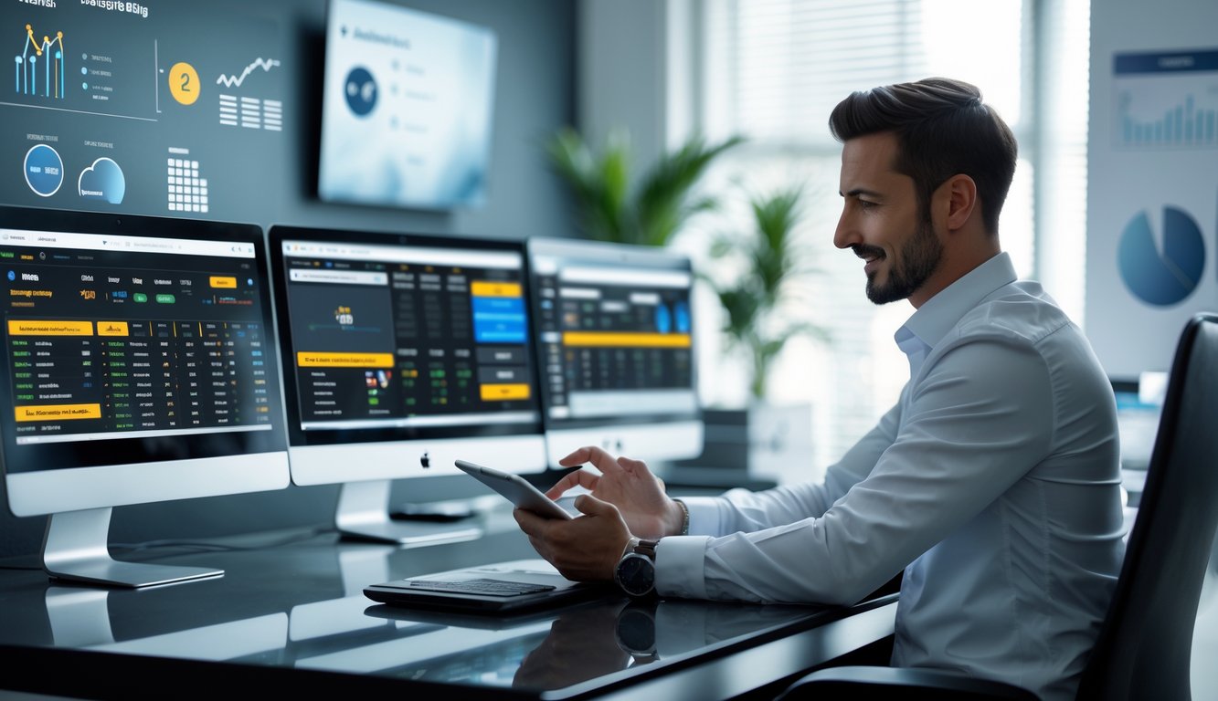 Seorang profesional duduk di meja kerja dengan beberapa monitor menampilkan pertandingan olahraga dan data taruhan, menggunakan perangkat digital dalam suasana kantor yang rapi dan terang.