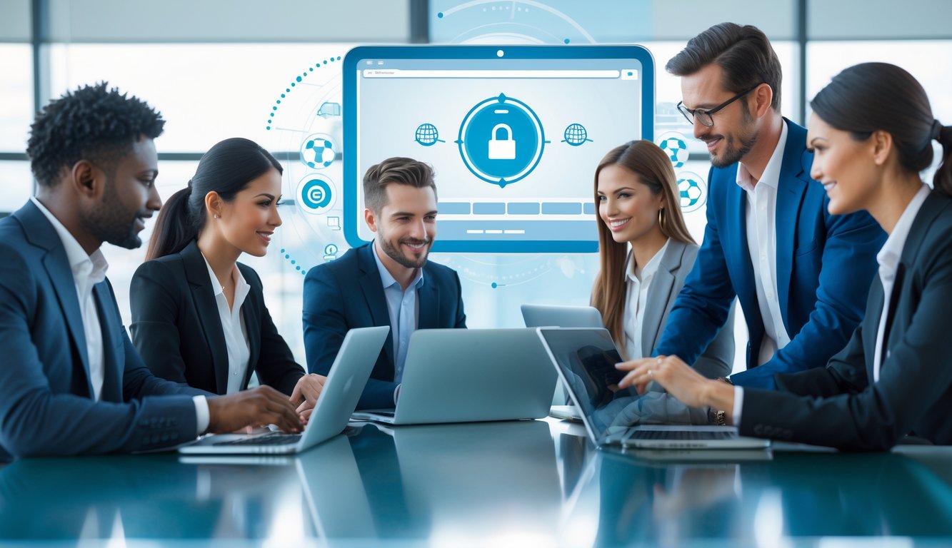 Sekelompok profesional bisnis yang percaya diri sedang bekerja bersama di kantor modern dengan perangkat digital, menunjukkan suasana transaksi online yang cepat dan aman.