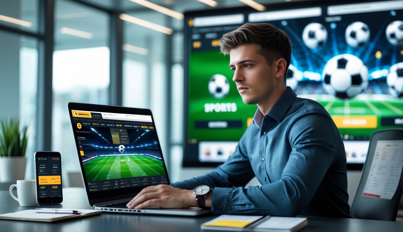 Seorang pria muda duduk di meja modern menggunakan laptop dengan latar belakang layar digital yang menampilkan grafik liga sepak bola dunia.