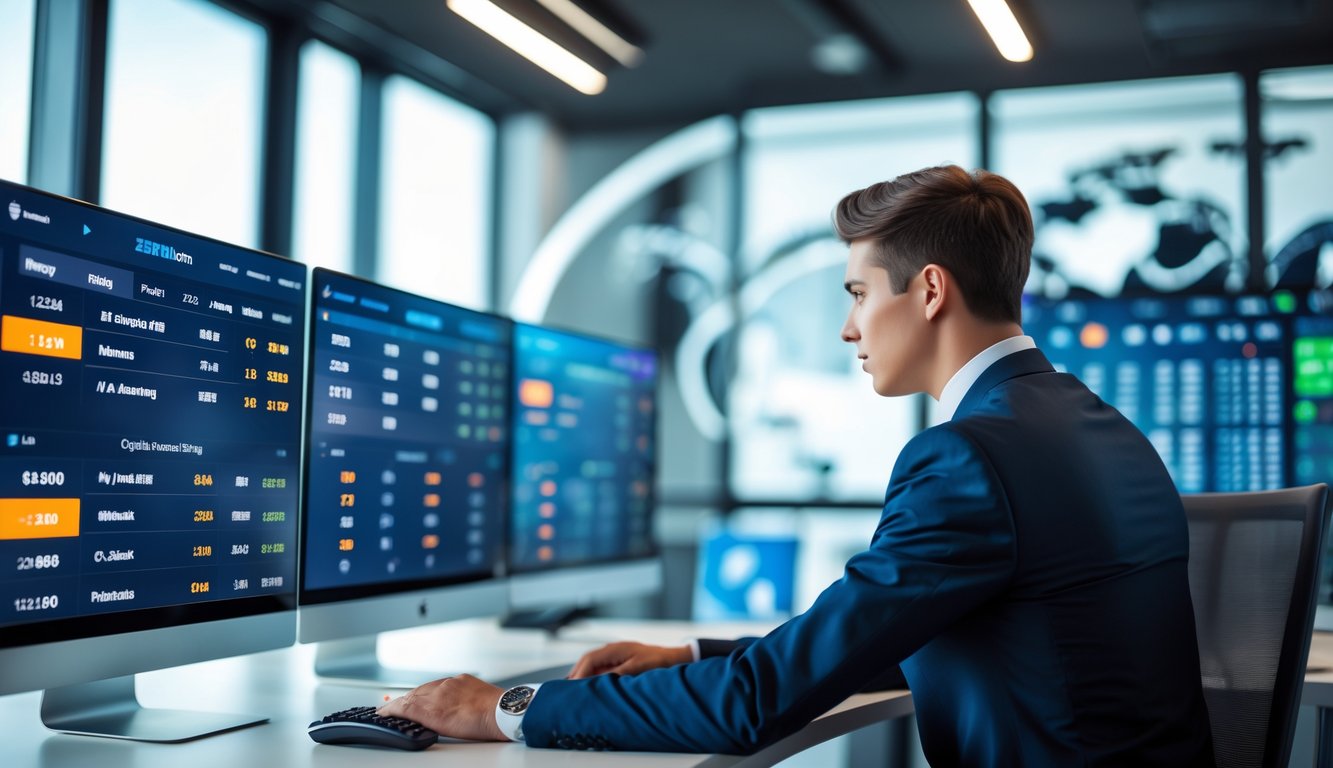 Seorang agen taruhan olahraga profesional sedang bekerja dengan layar digital yang menampilkan statistik dan liga sepak bola dunia.