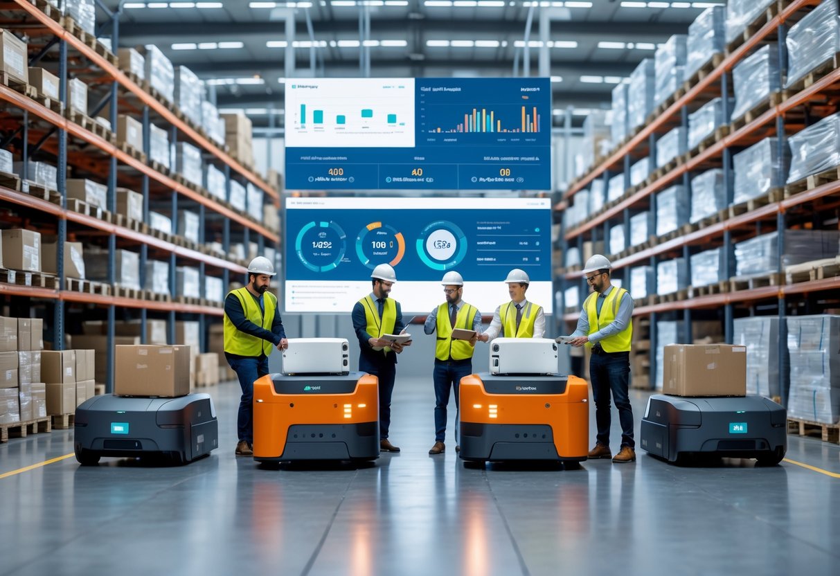 A warehouse with workers and AI-powered robots moving packages efficiently among tall shelves.