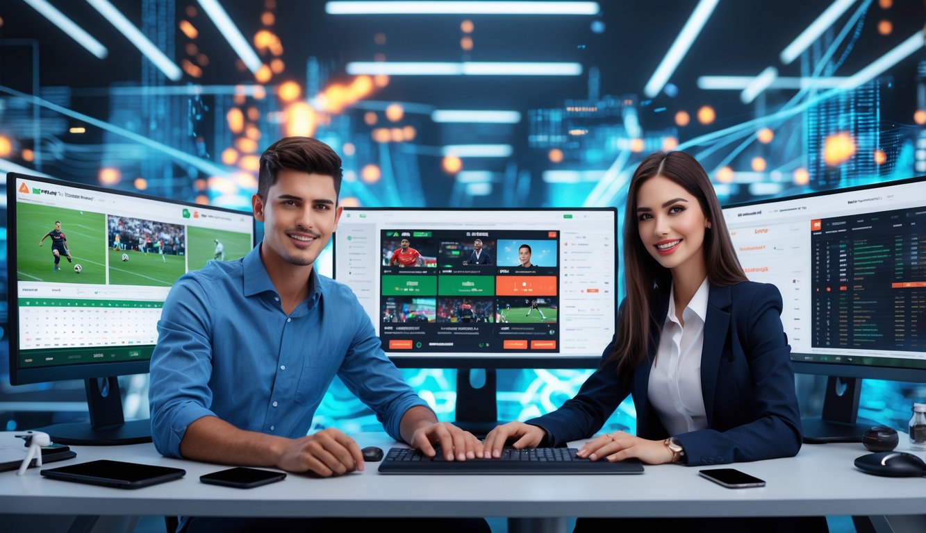 Dua orang profesional duduk di depan komputer dengan tampilan pertandingan olahraga dan grafik taruhan di layar.