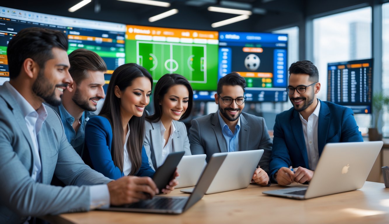 Sekelompok orang bekerja bersama menggunakan perangkat digital untuk taruhan olahraga online di sebuah kantor modern.