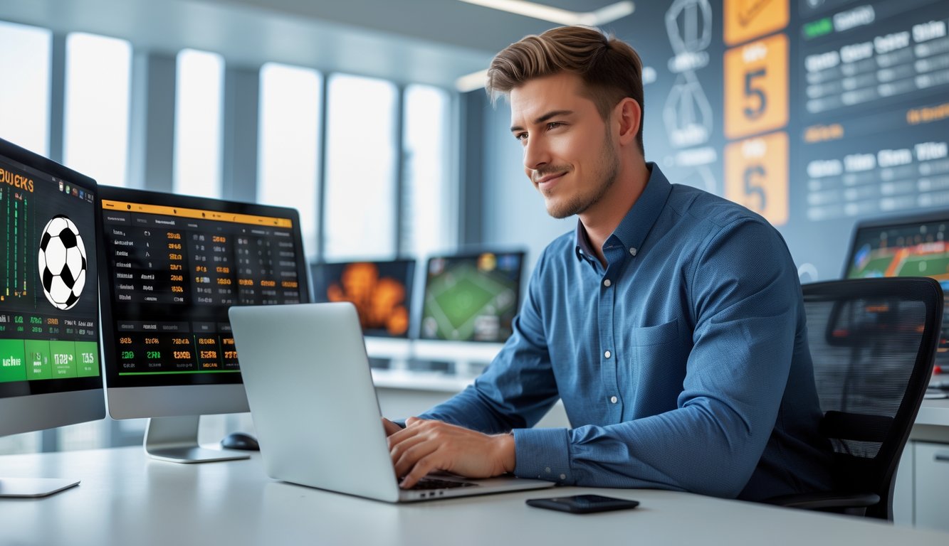 Seorang pria muda duduk di meja kantor modern dengan beberapa layar menampilkan acara olahraga dan statistik taruhan.