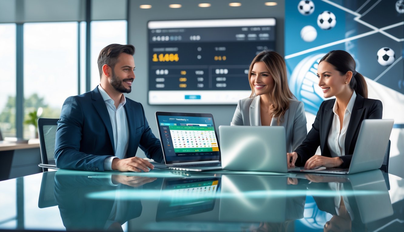 Dua orang profesional duduk di meja dengan perangkat digital yang menampilkan skor dan peluang taruhan olahraga secara online.