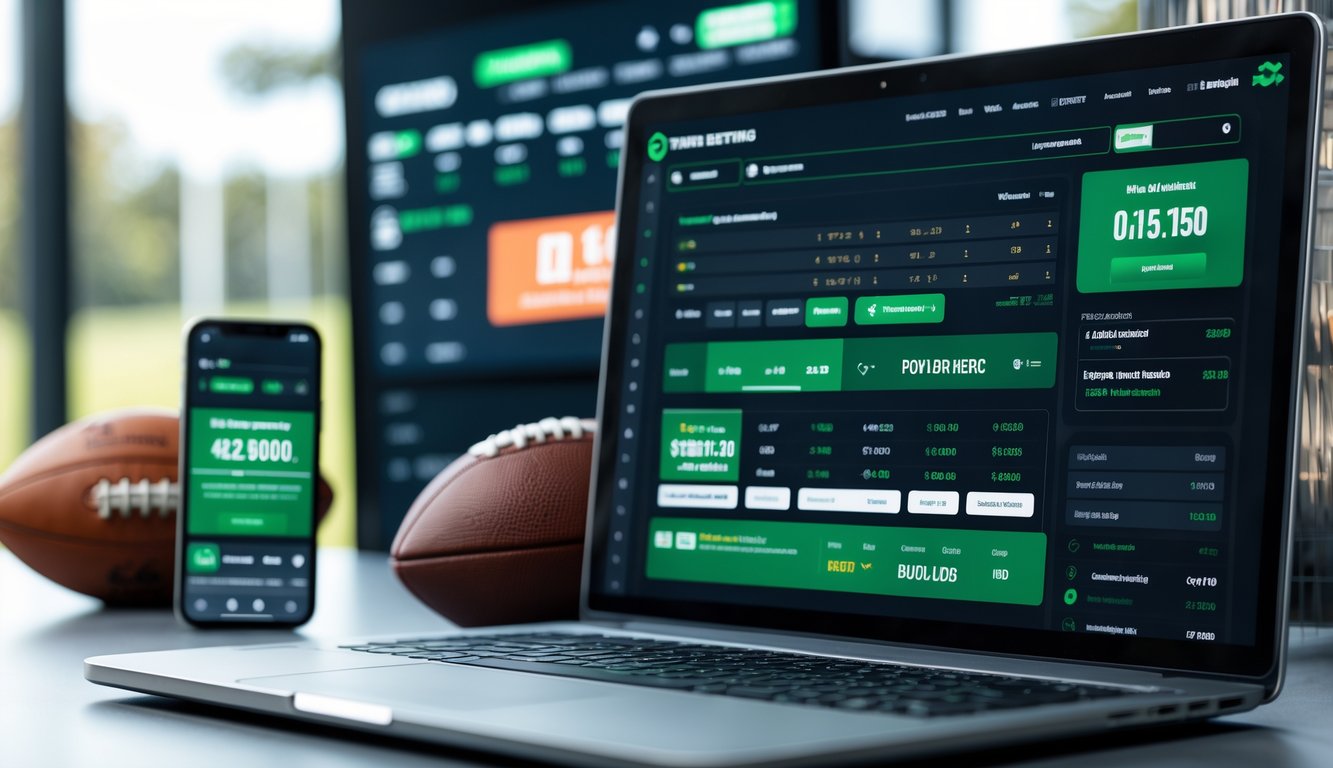 Sebuah ruang kerja modern dengan laptop yang menampilkan situs judi olahraga online dan smartphone dengan notifikasi bonus anggota baru, dikelilingi oleh perlengkapan olahraga seperti bola sepak dan bola basket.