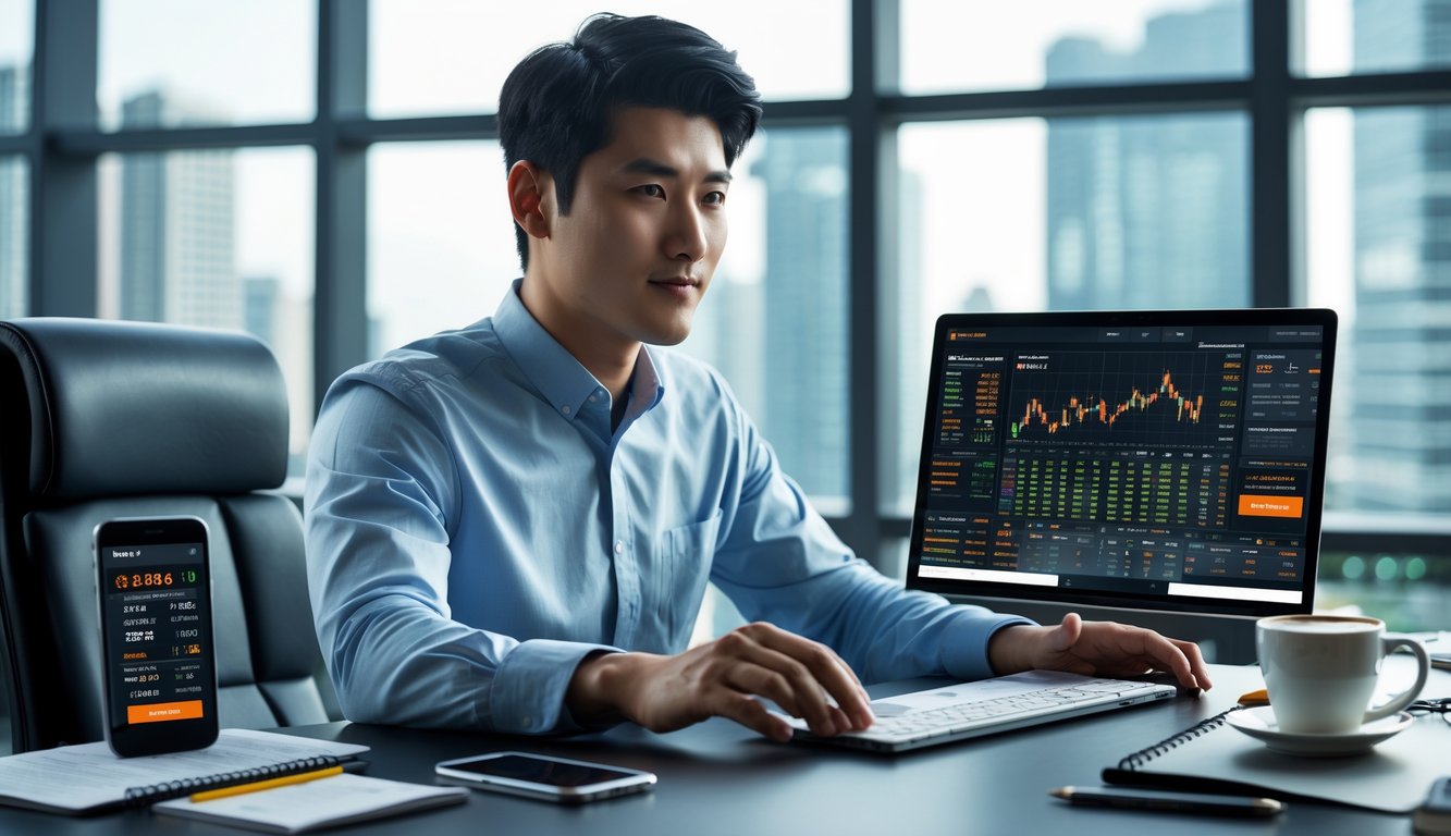 Seorang pria muda duduk di meja kerja dengan laptop yang menampilkan statistik olahraga, di ruang kantor modern dengan pemandangan kota di latar belakang.