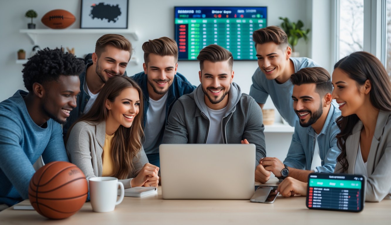 Sekelompok orang muda sedang menggunakan laptop di ruang kerja modern dengan peralatan olahraga di latar belakang, menunjukkan aktivitas taruhan olahraga online.