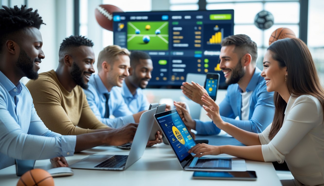 Sekelompok orang menggunakan perangkat digital untuk taruhan olahraga online dalam ruangan kantor modern.