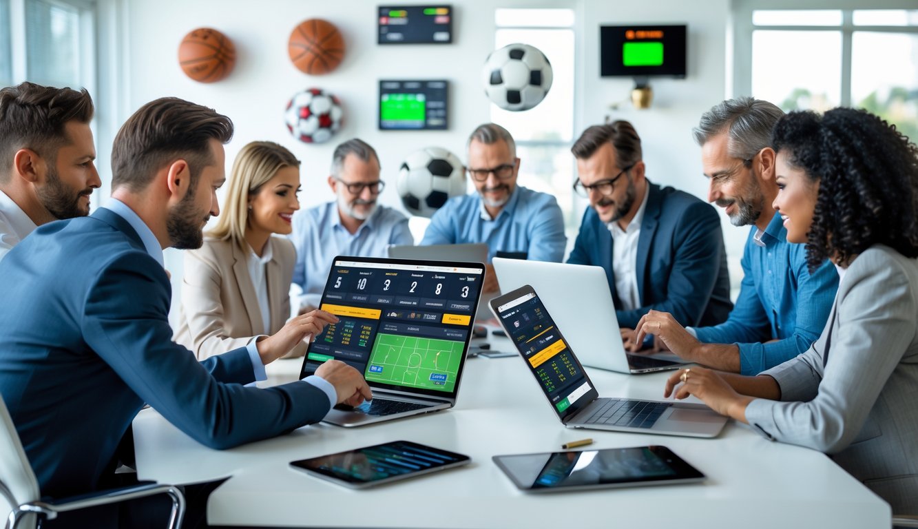 Sekelompok orang dewasa menggunakan perangkat digital di ruang kantor modern dengan latar belakang perlengkapan olahraga.