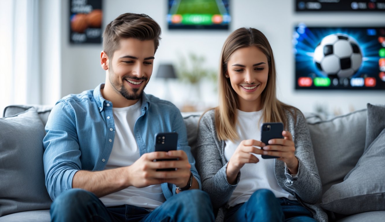 Seorang pria dan wanita muda duduk di ruang tamu sambil menggunakan ponsel mereka untuk memasang taruhan olahraga secara online.