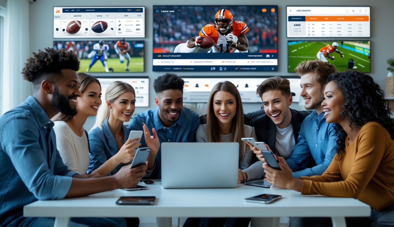 Sekelompok orang muda menggunakan laptop dan ponsel untuk taruhan olahraga online di ruang tamu modern.