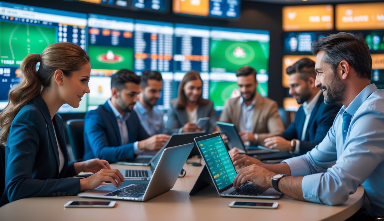 Beberapa orang menggunakan perangkat digital untuk memasang taruhan olahraga secara langsung di ruangan modern dengan layar besar yang menampilkan pertandingan olahraga.