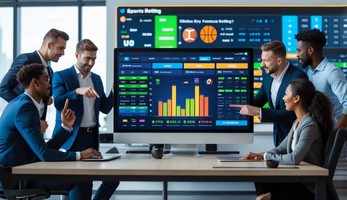 Orang-orang sedang berdiskusi di depan layar komputer yang menampilkan fitur taruhan olahraga langsung dengan berbagai data dan grafik.