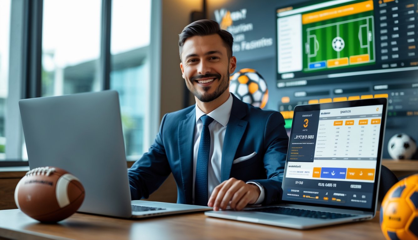 Seorang agen taruhan olahraga yang percaya diri sedang menggunakan perangkat digital dengan latar belakang elemen terkait sepak bola dan taruhan.