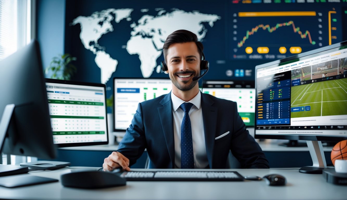 Seorang agen judi olahraga online profesional duduk di meja kerja dengan beberapa layar komputer yang menampilkan acara olahraga dan peluang taruhan, di ruang kantor modern.
