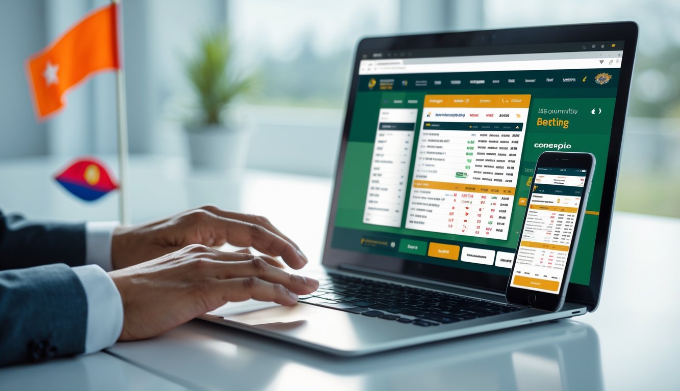 Seorang pengguna sedang menggunakan laptop dan ponsel untuk memasang taruhan balap kuda secara online di meja kerja yang rapi dengan latar belakang elemen budaya Indonesia.