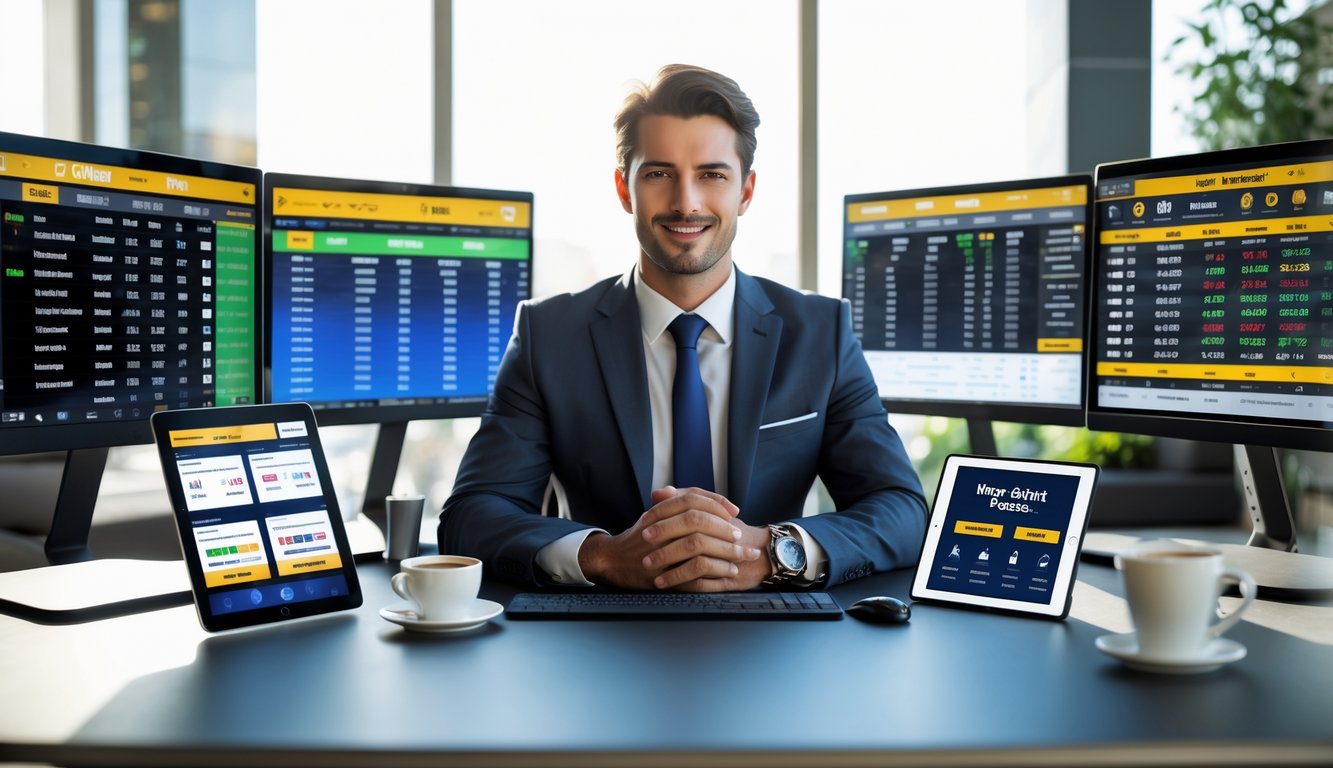 Seorang pria profesional duduk di kantor modern dengan beberapa monitor komputer menampilkan data balap kuda dan peluang taruhan.