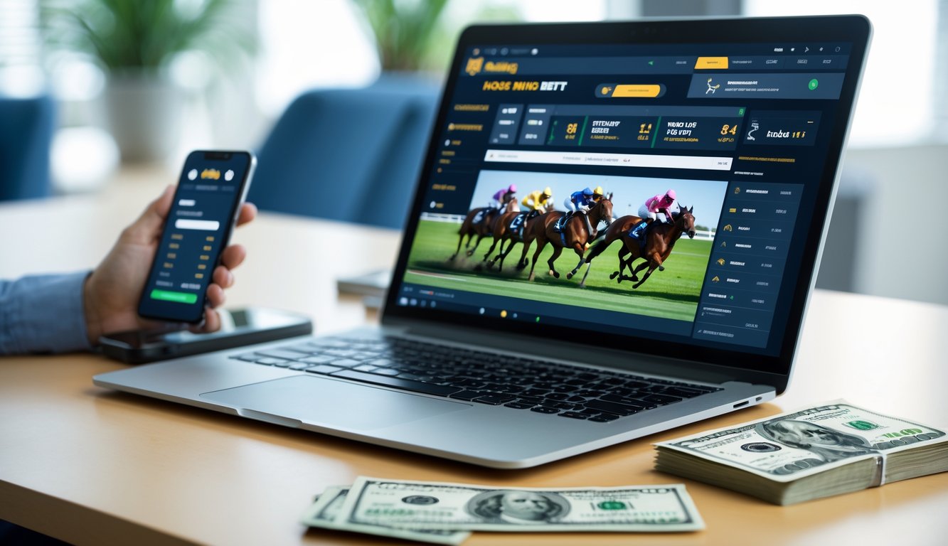Seorang pengguna sedang melihat situs judi balap kuda online di laptop dengan ponsel dan kartu kredit di meja.