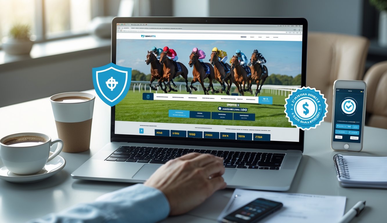 Seorang pengguna melihat laptop di meja kerja yang menampilkan situs judi balap kuda online dengan elemen keamanan dan suasana profesional.