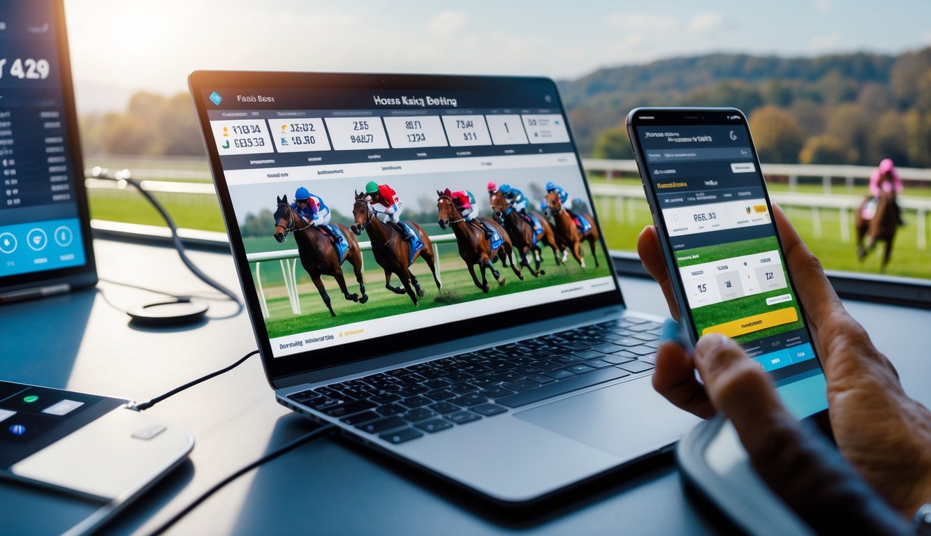 Meja kerja modern dengan laptop dan ponsel yang menampilkan data dan siaran balap kuda, latar belakang lintasan balap dengan kuda berlari dan joki.