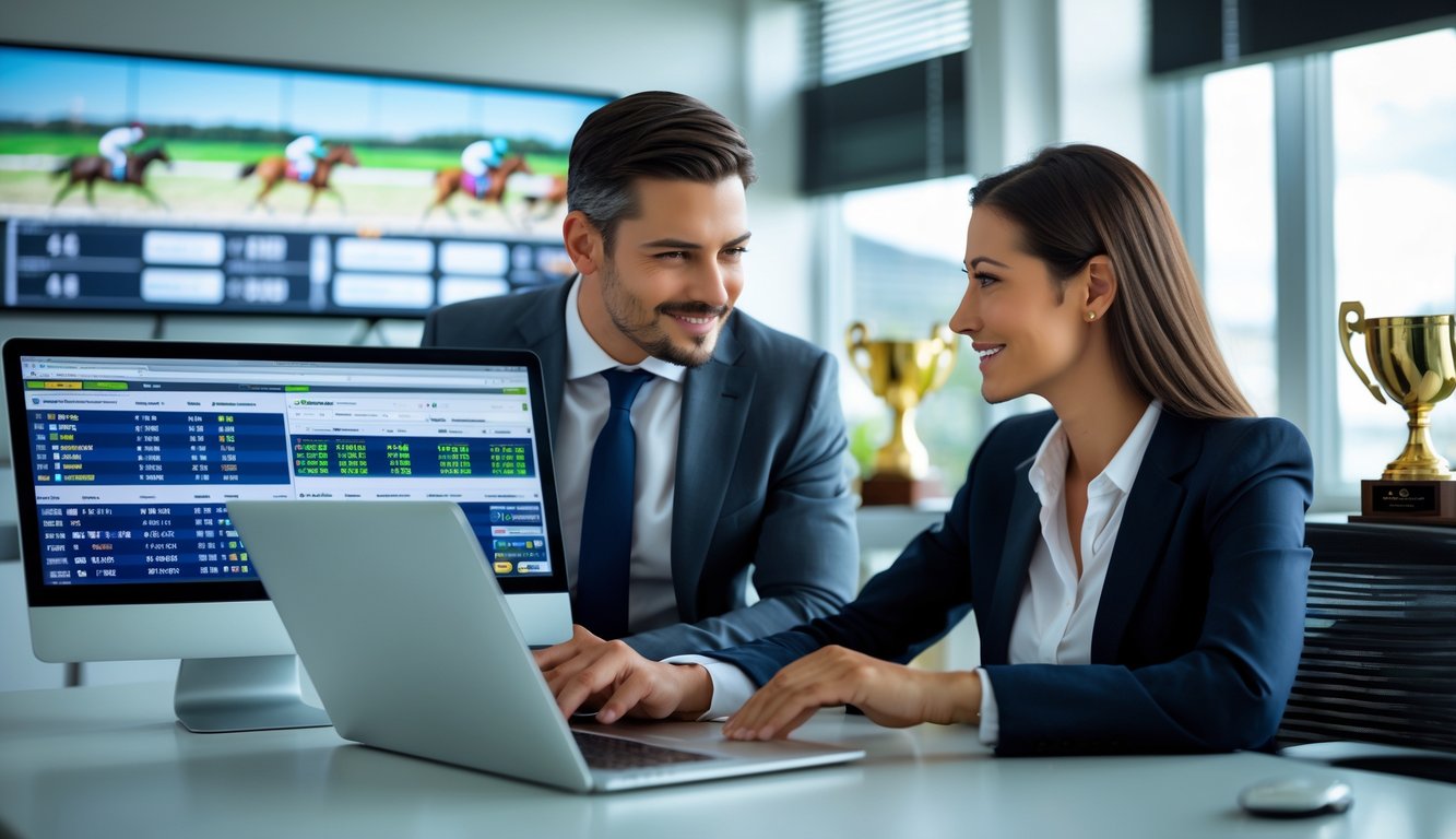 Dua orang profesional sedang berdiskusi di kantor modern dengan layar laptop yang menampilkan data balap kuda.