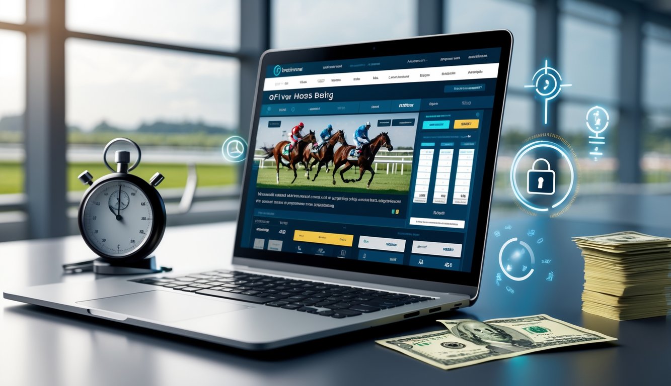 Sebuah meja kerja modern dengan laptop yang menampilkan antarmuka taruhan balap kuda online, dikelilingi simbol pembayaran cepat dan keamanan.