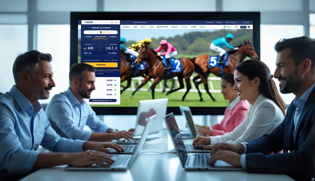 Sekelompok orang sedang menggunakan perangkat digital untuk memasang taruhan balap kuda online dengan layar besar menampilkan balapan kuda di latar belakang.