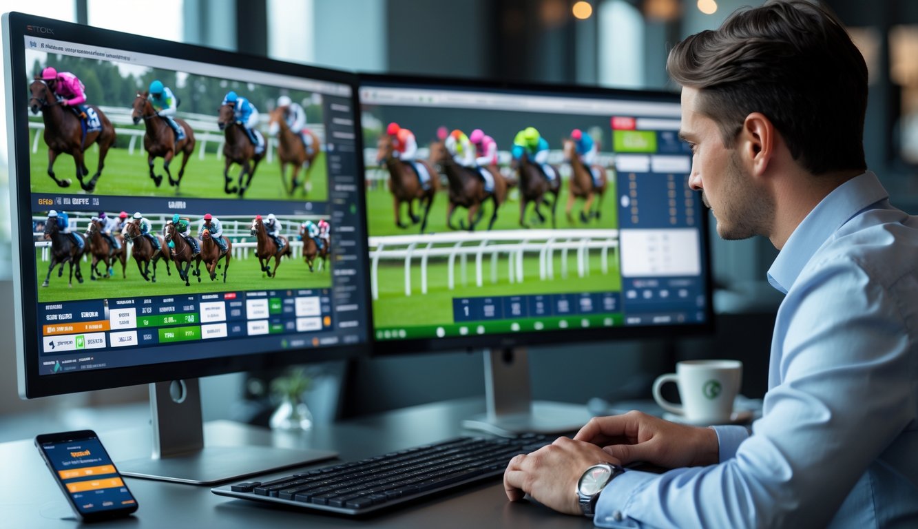 Seseorang sedang bekerja dengan beberapa layar komputer yang menampilkan balap kuda secara langsung, di lingkungan kerja modern.