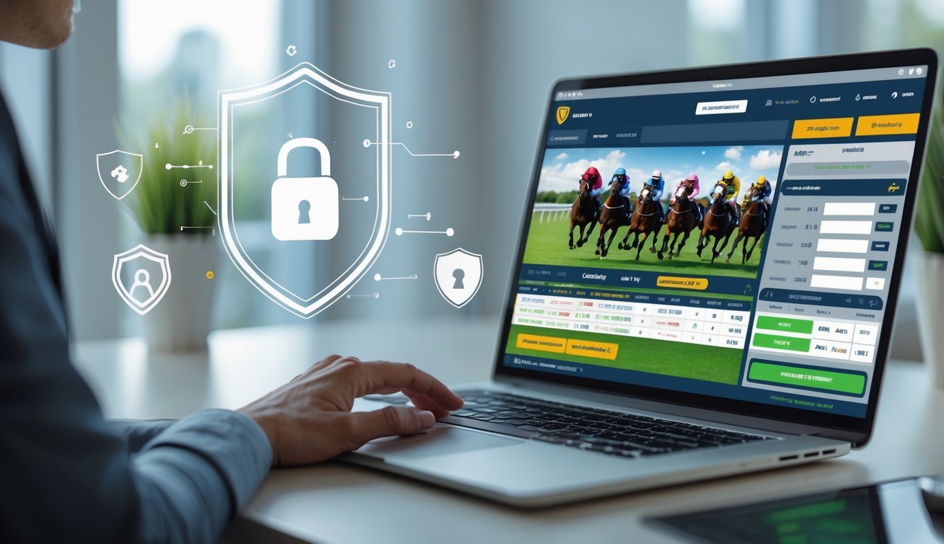 Sebuah ruang kerja modern dengan komputer yang menampilkan grafik balap kuda dan data taruhan, menunjukkan suasana taruhan balap kuda online yang terpercaya.