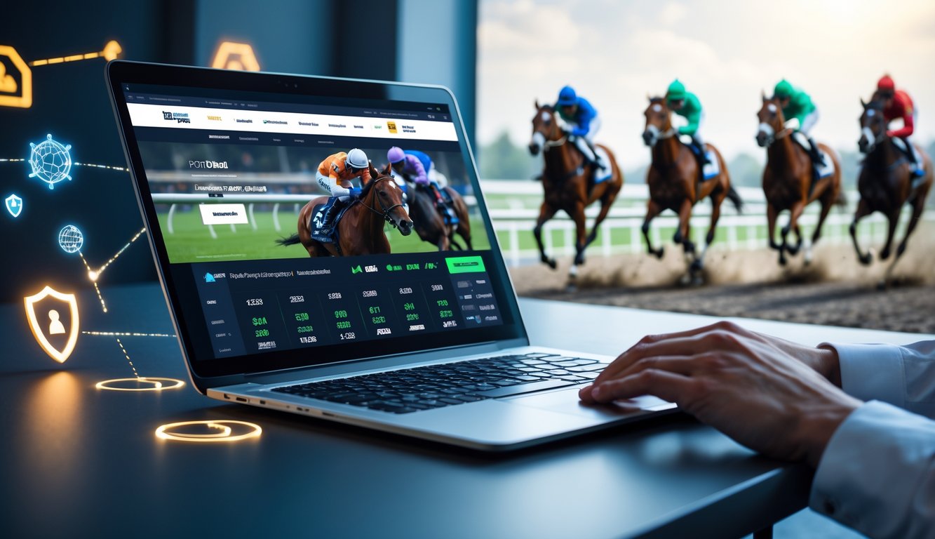 Seorang pengguna sedang melihat situs judi balap kuda online di laptop dengan latar belakang balapan kuda yang samar.