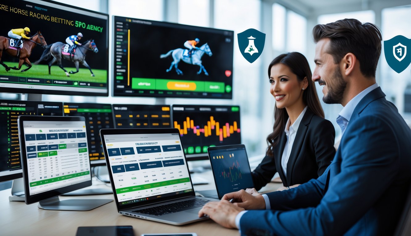 Seorang pria dan wanita bekerja di kantor modern dengan layar komputer menampilkan data balap kuda dan taruhan.