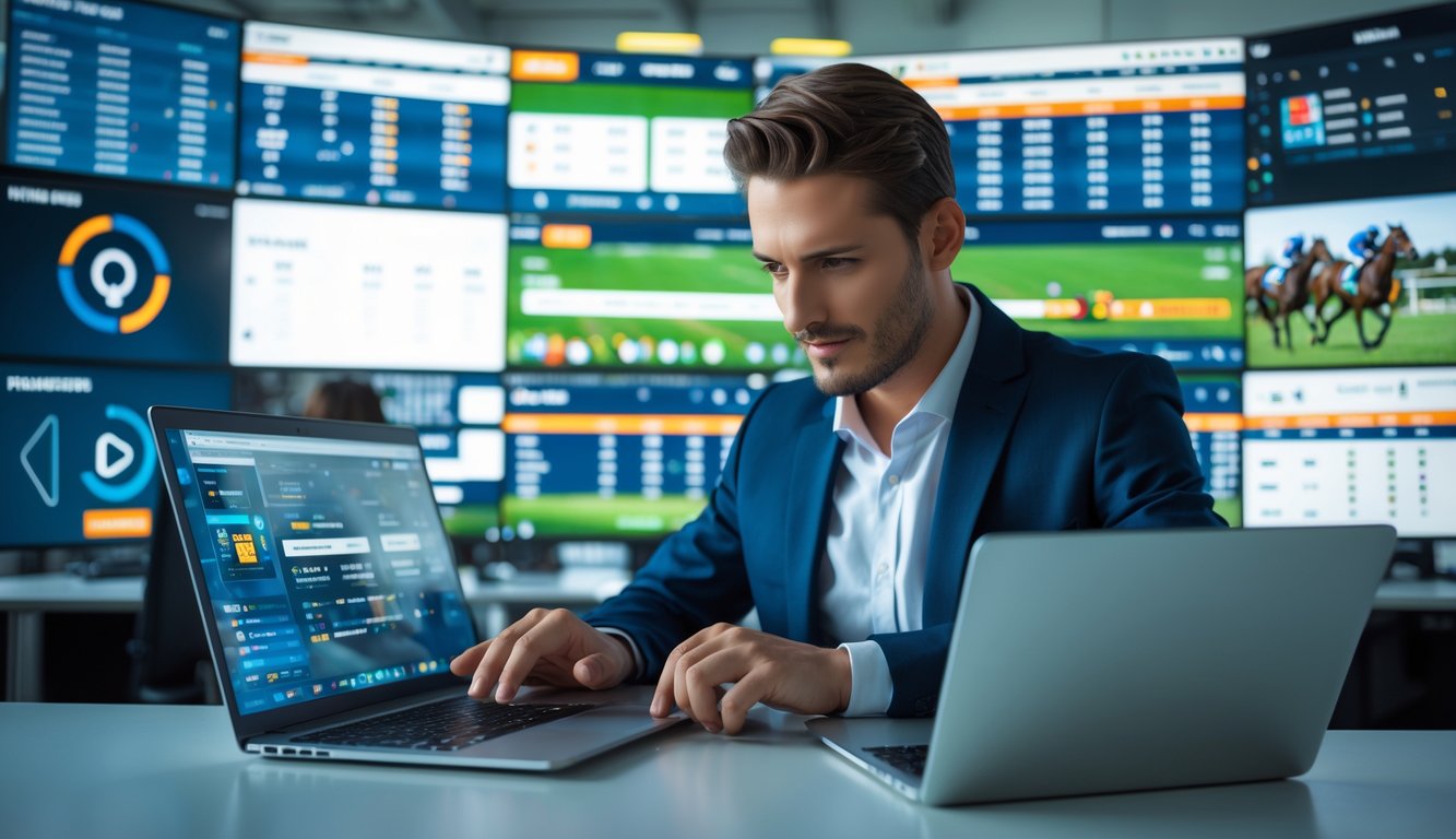 Seorang agen judi balap kuda online bekerja di kantor modern dengan beberapa layar digital menampilkan data balap kuda dan taruhan.