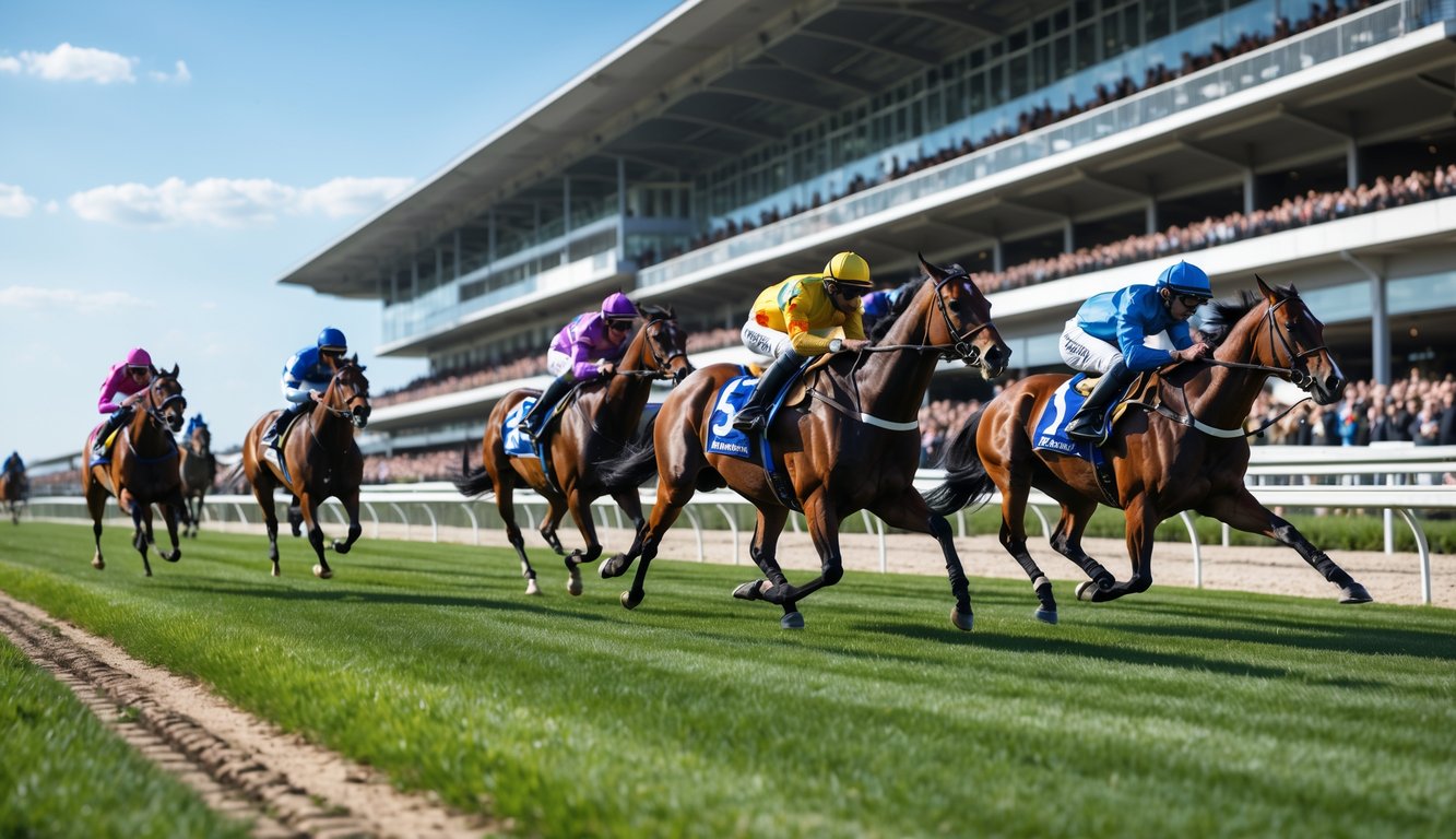 Adegan balap kuda dengan beberapa kuda dan joki berlari di lintasan dengan penonton di tribun.