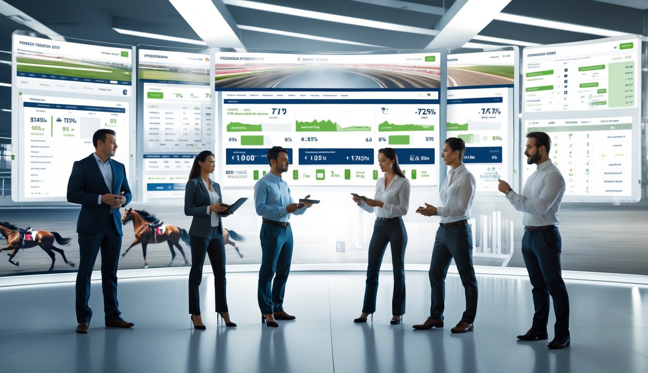 Sekelompok profesional sedang menganalisis data taruhan balap kuda online di depan layar digital dengan latar belakang lintasan balap dan kuda yang sedang berlari.