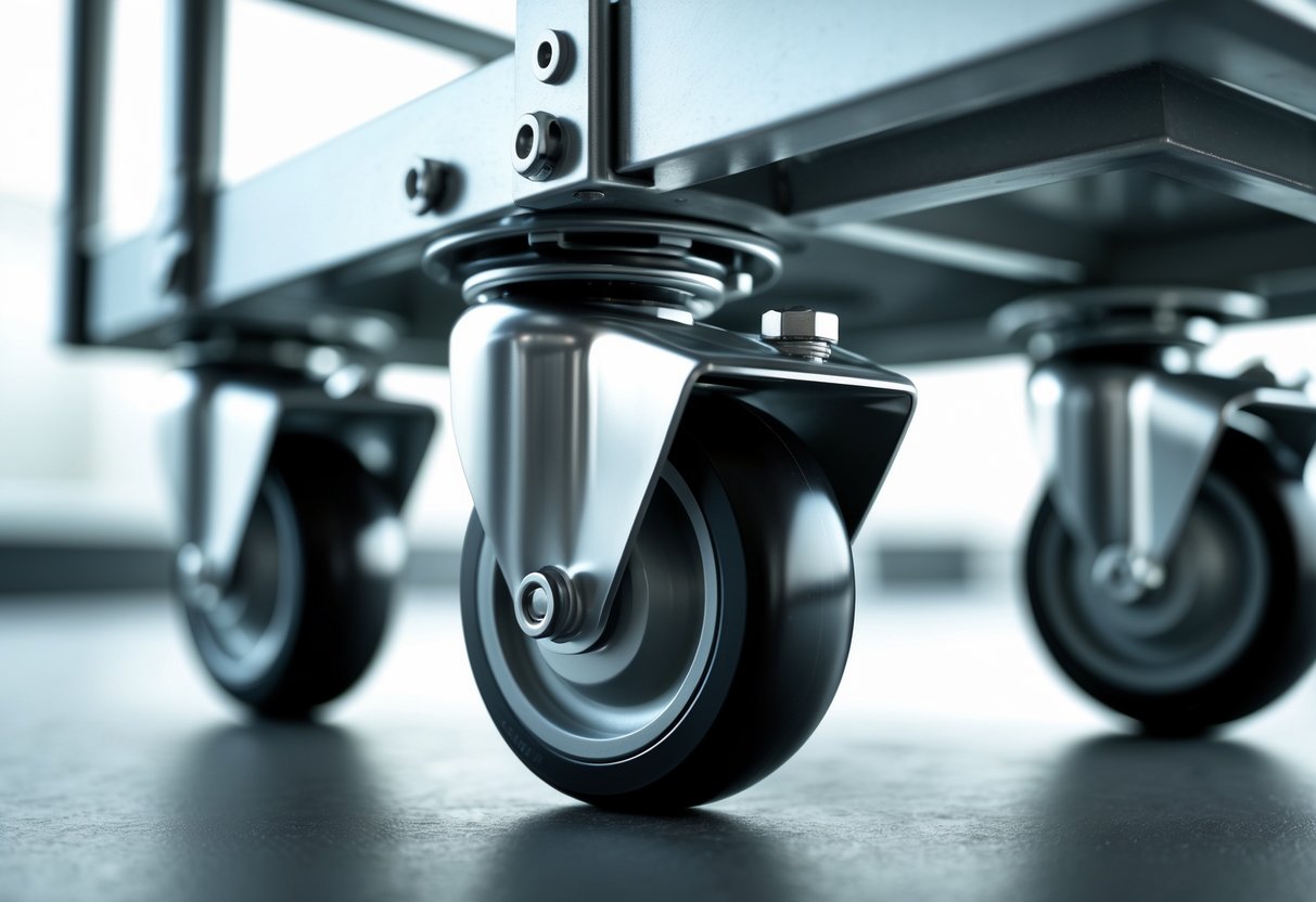 Close-up of shiny metal casters with black rubber wheels attached to a cart.