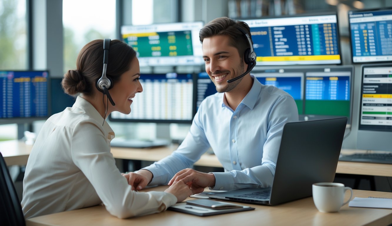 Seorang perwakilan layanan pelanggan yang percaya diri sedang membantu klien di kantor modern dengan layar komputer menampilkan data balap kuda.