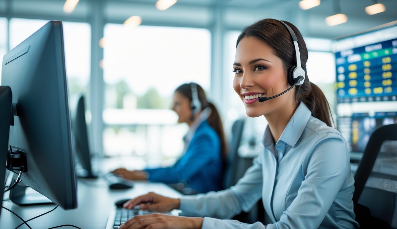 Seorang perwakilan layanan pelanggan yang percaya diri sedang bekerja di pusat panggilan modern dengan layar komputer menampilkan data balap kuda.