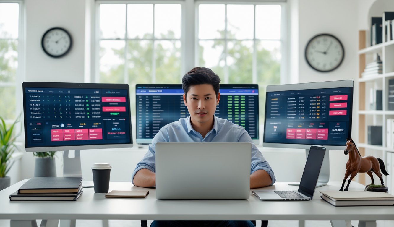 Seorang dewasa muda duduk di meja modern dengan beberapa layar komputer menampilkan data balap kuda, menggunakan laptop dan ponsel di ruang kantor terang.